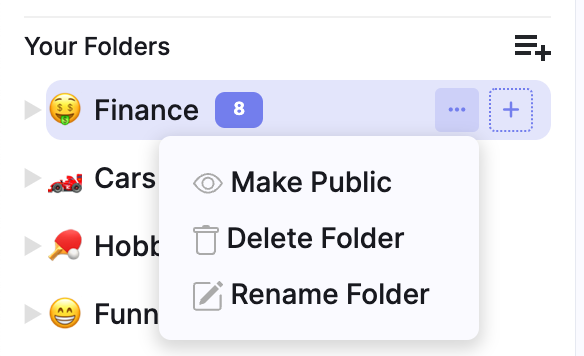 Select the folder you wish to share, click the menu (three dots) on the side and select "Make Public"